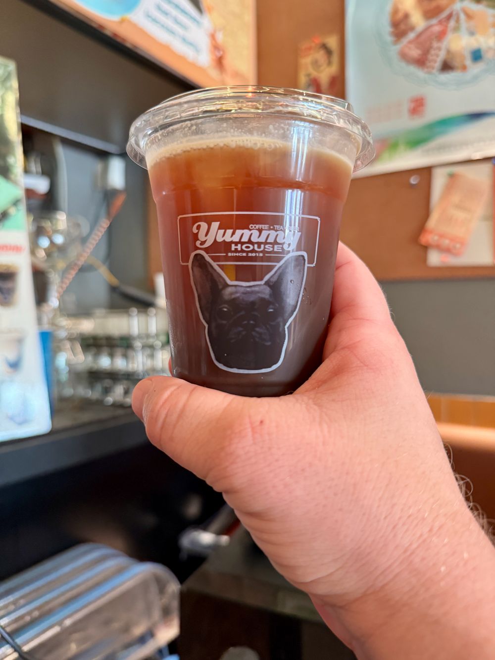 Hand holding a clear iced coffee cup from Yummy House cafe with a French Bulldog logo, Jing'an District Shanghai