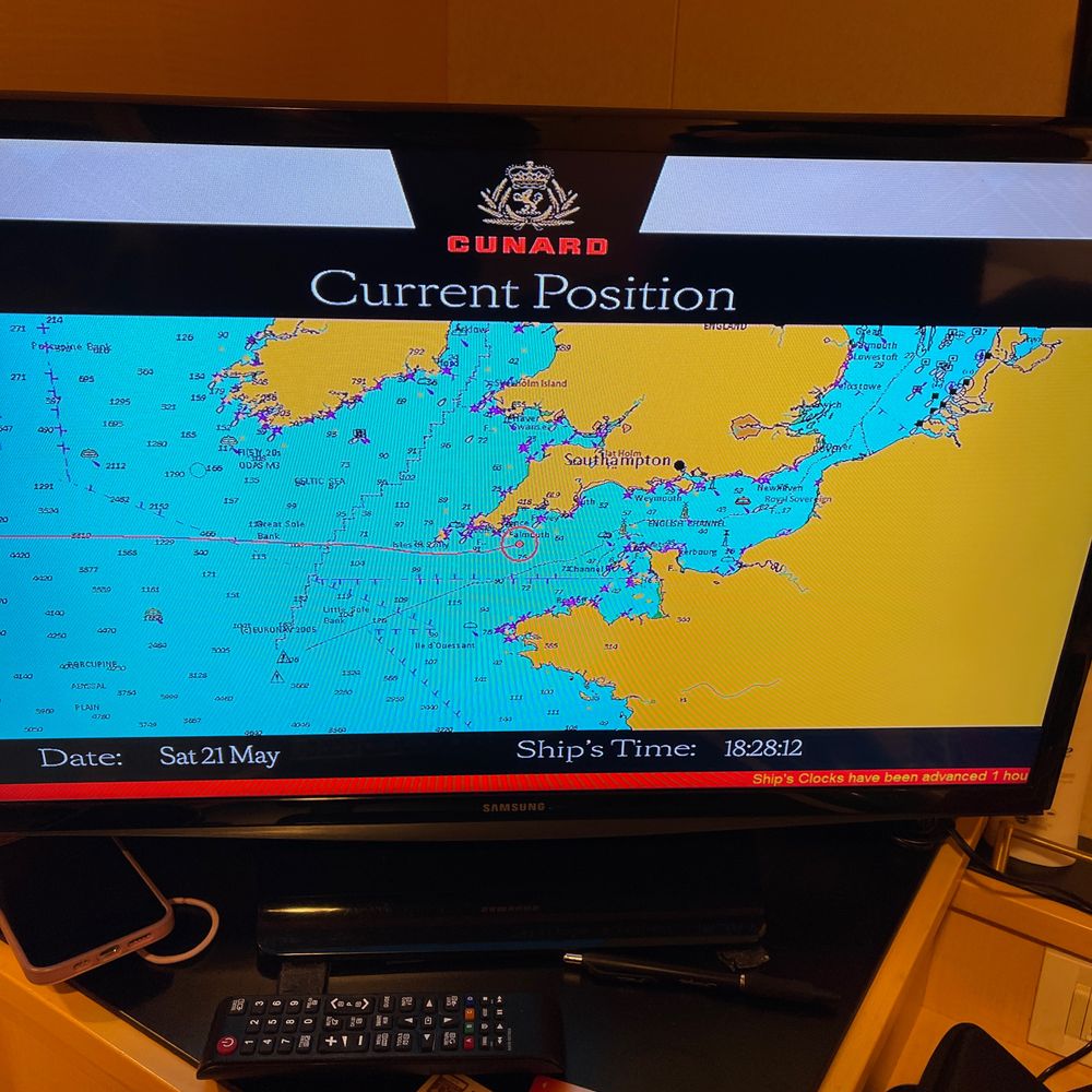 The Queen Mary 2 in-cabin TV navigation screen showing the ship entering the English Channel