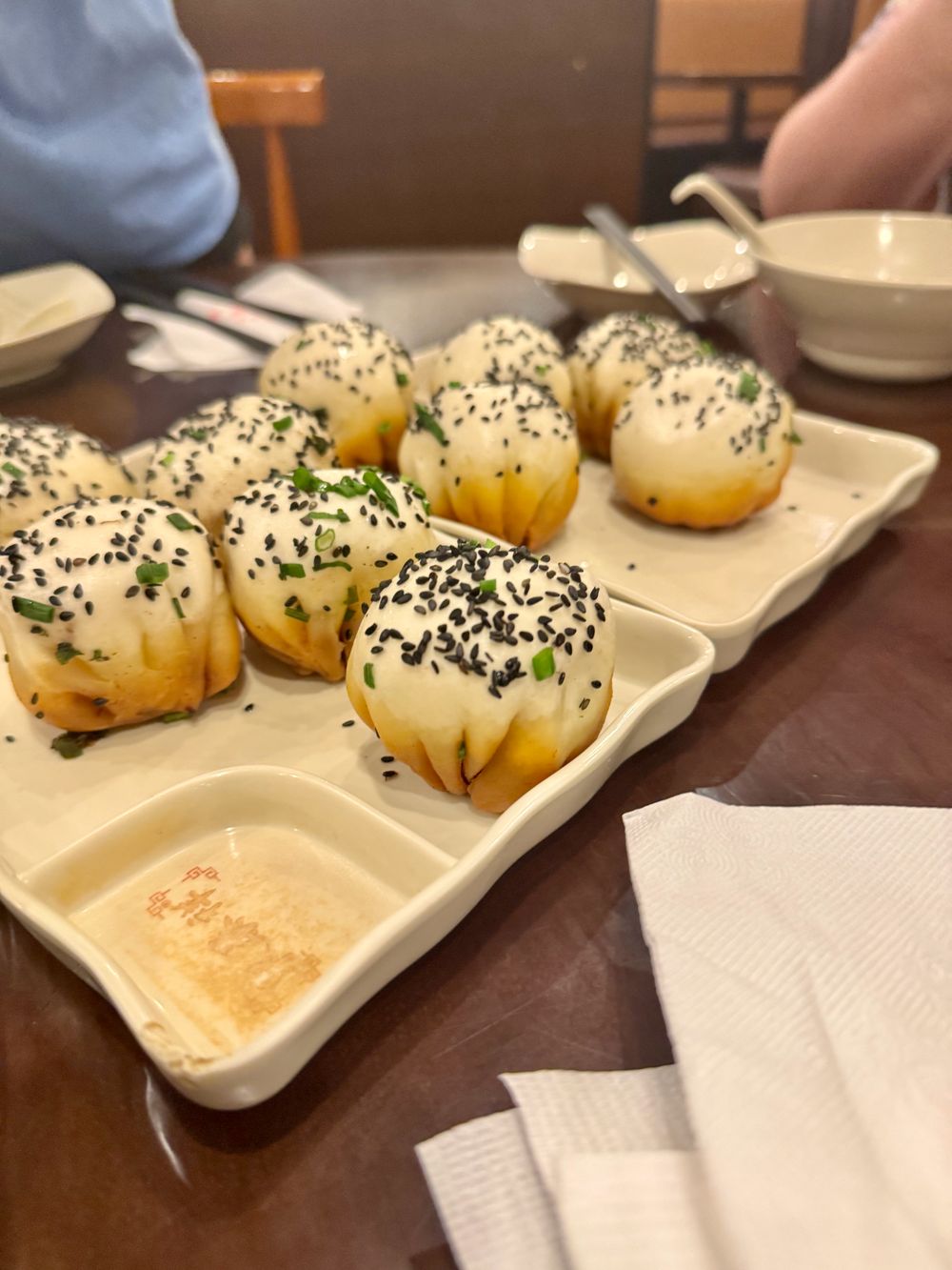 Pan-fried pork buns topped with black sesame seeds and chives on a white plate with a small dipping sauce, Dapuqiao Shanghai fall 2025