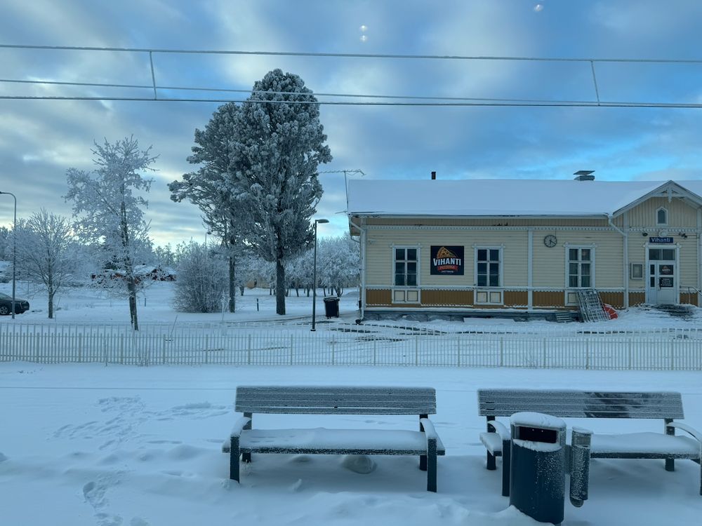 A snow-covered platform at Vihanti station in northern Finland in January 2026