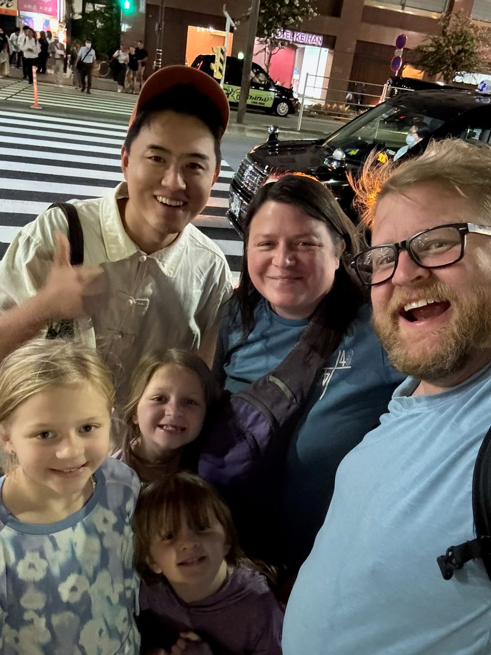 Adam, Lindsay, and their three daughters together in the Nishi-Asakusa area of Tokyo, Japan